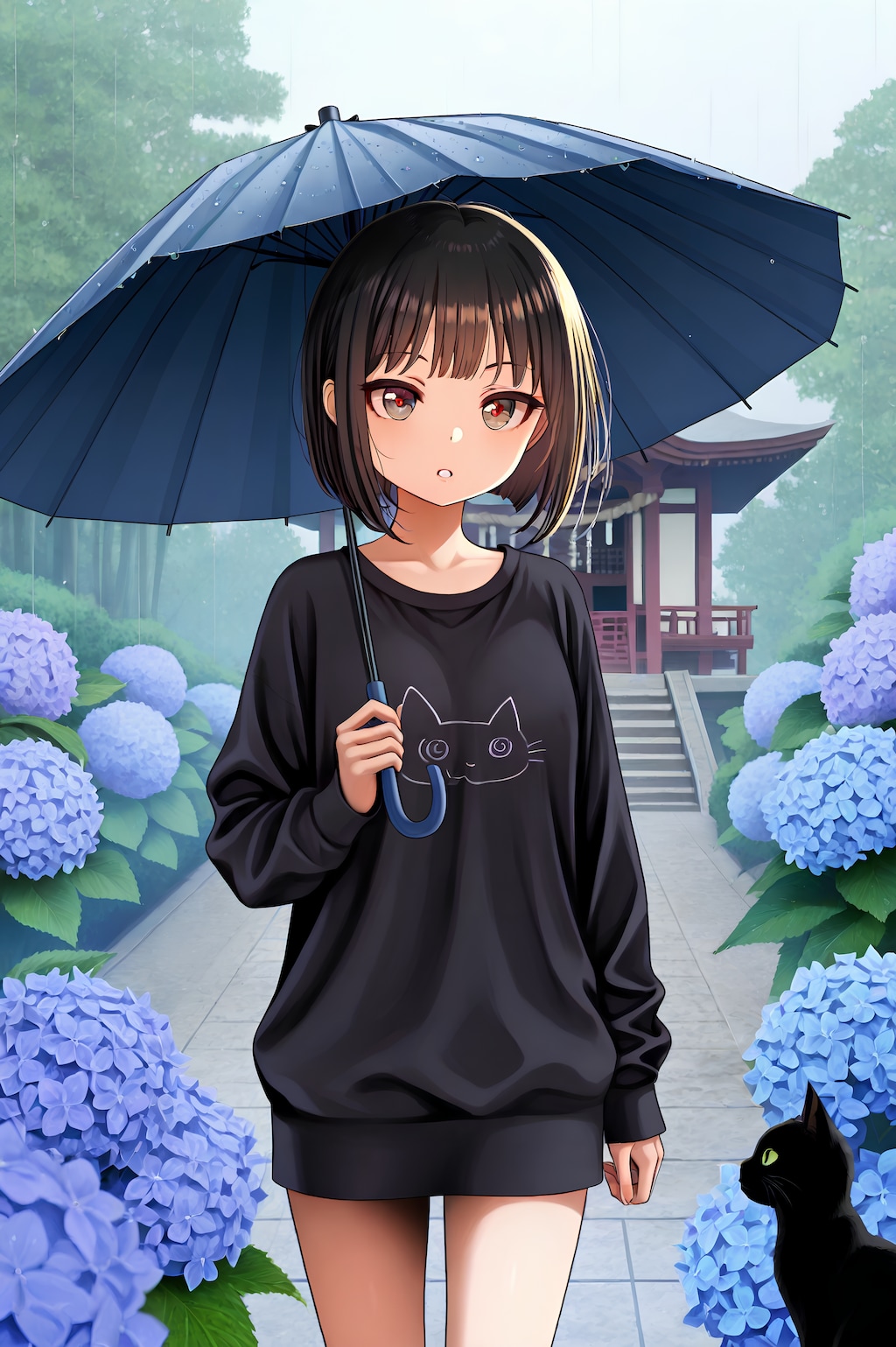 神社の黒猫と美女