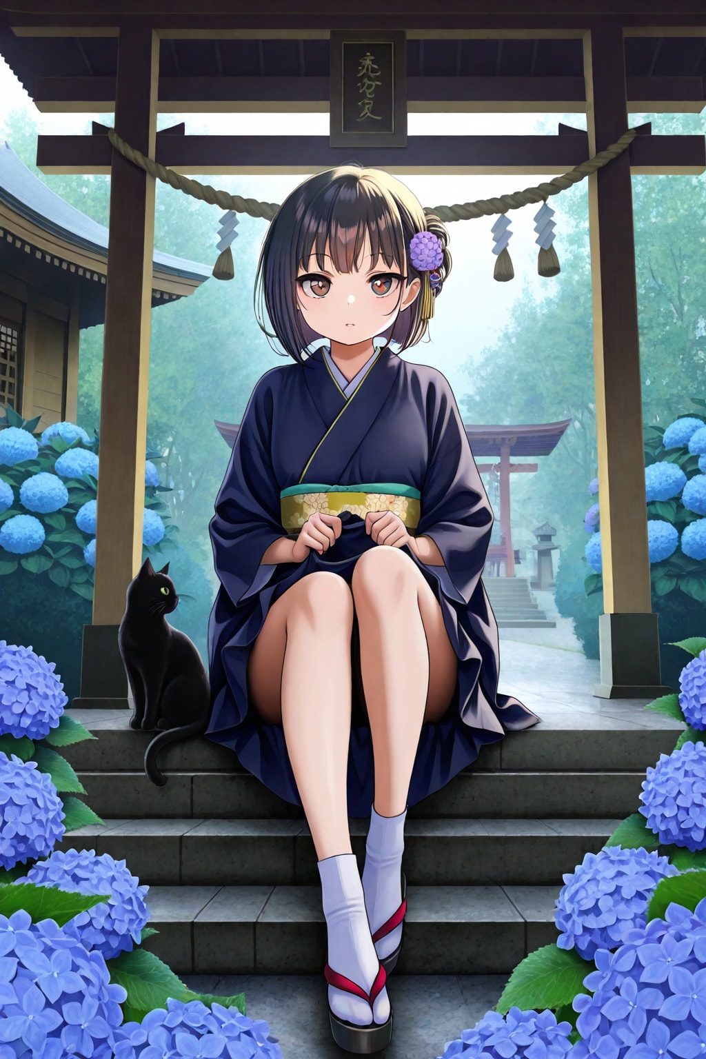 神社の黒猫と美女