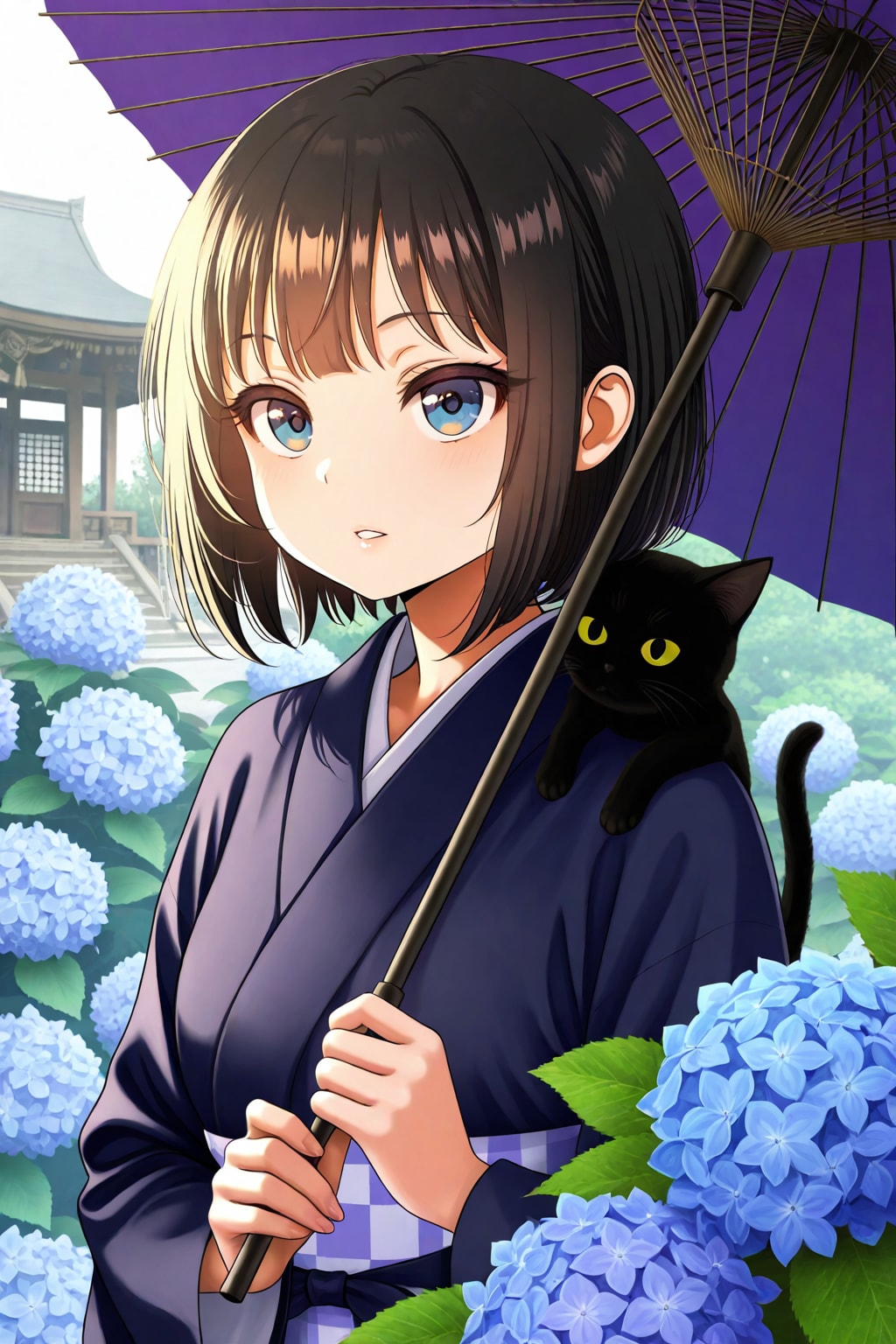 神社の黒猫と美女