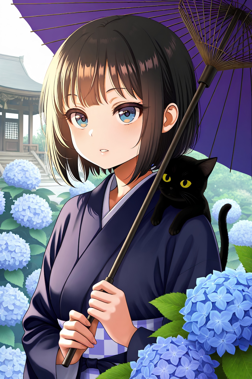 神社の黒猫と美女