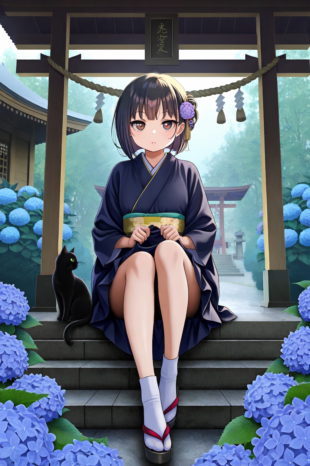 神社の黒猫と美女