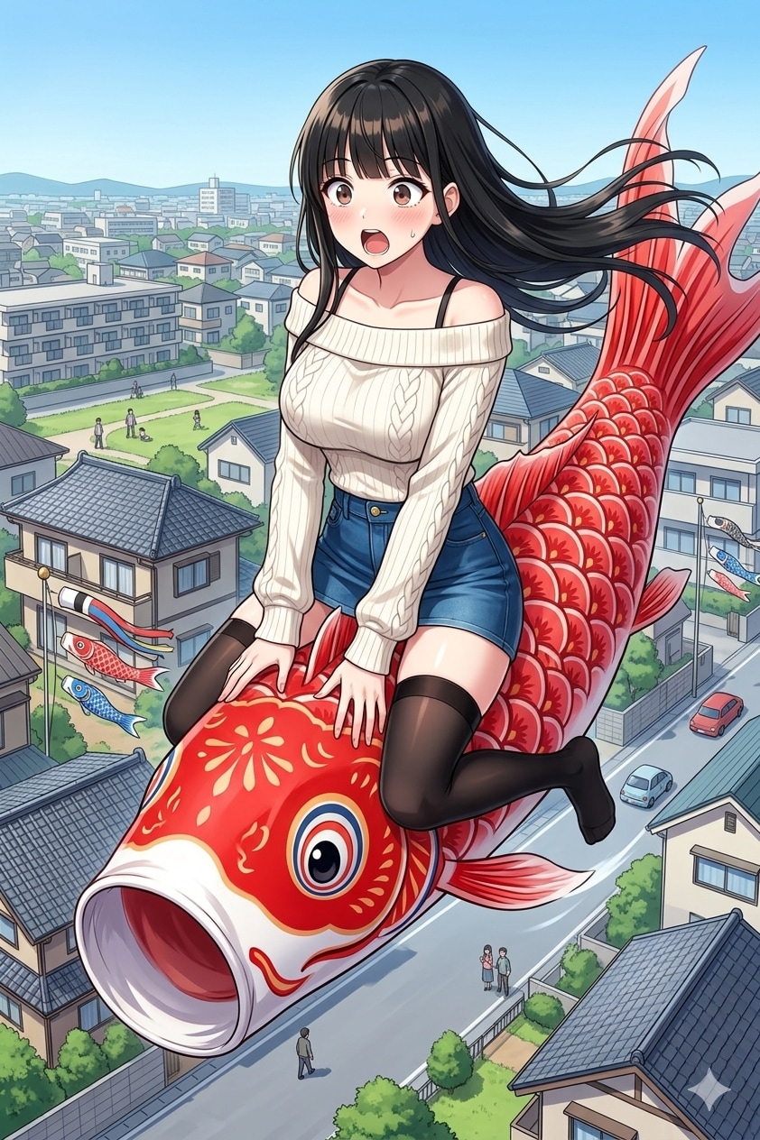 鯉のぼりに乗るサキちゃん