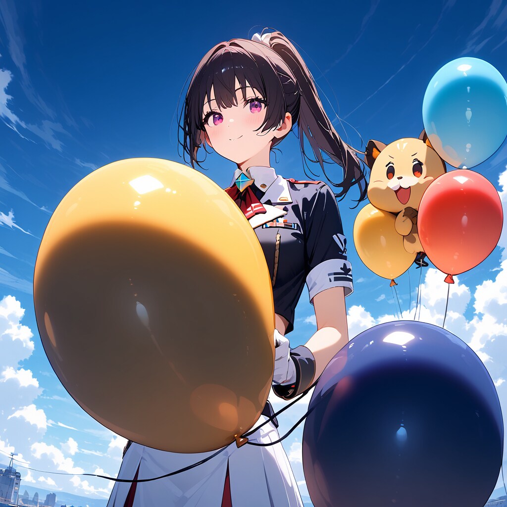 いっぱい風船を持つ黒髪ポニーテールの海兵服の美女。