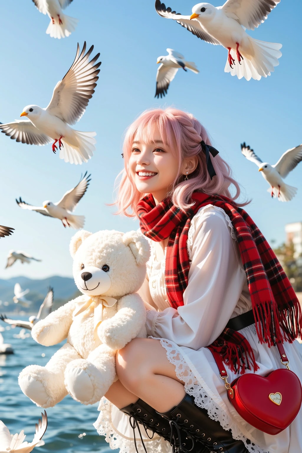 渡り鳥の大群を縫いぐるみに見せる若い女性