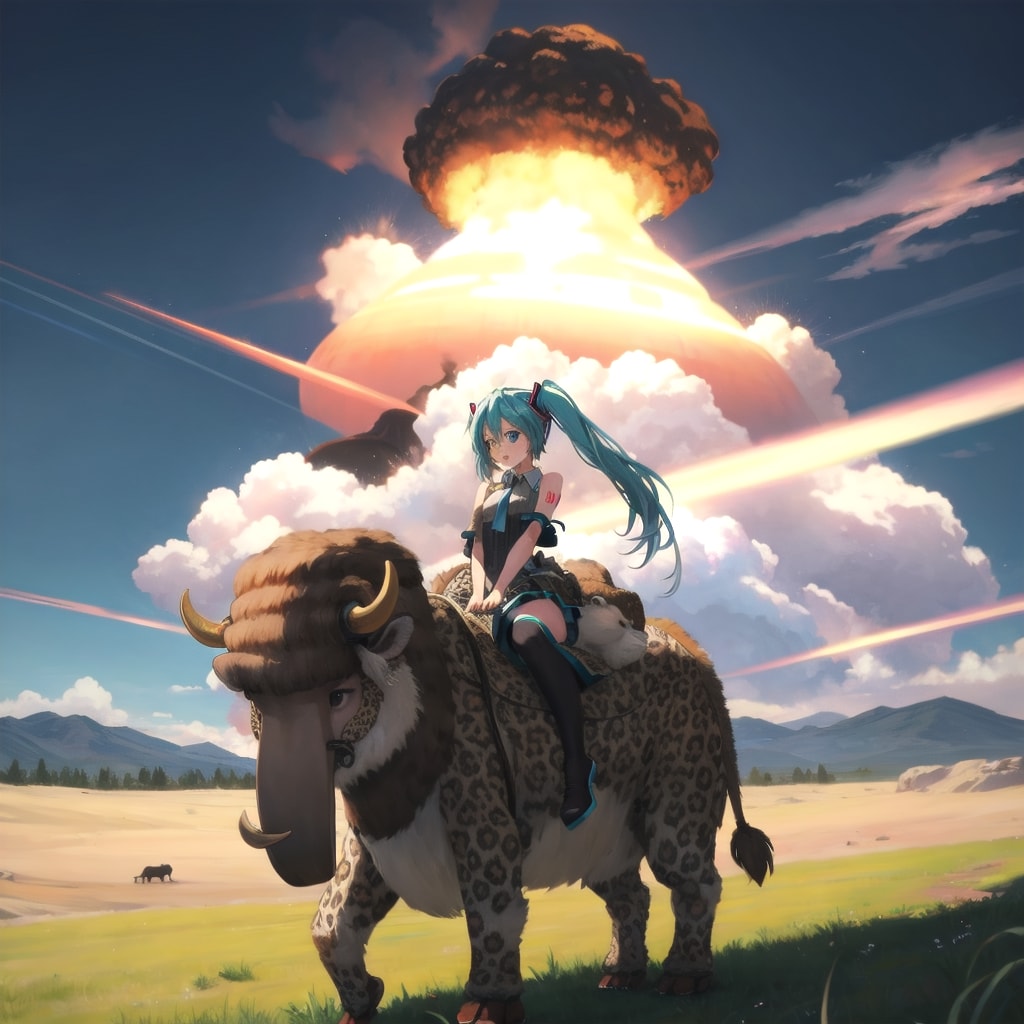 何かの動物に乗るミク