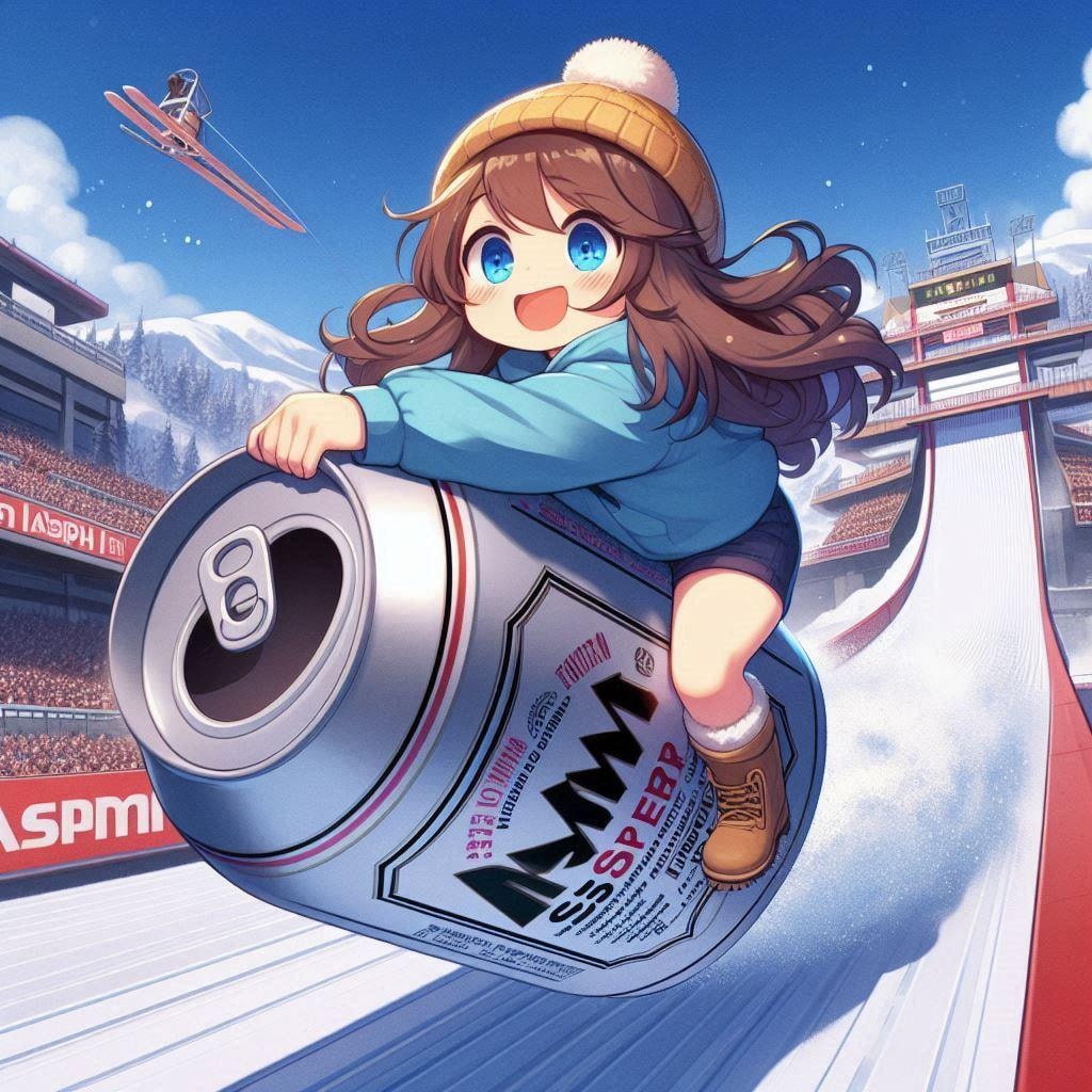 ビールスキージャンプをする小さな女の子