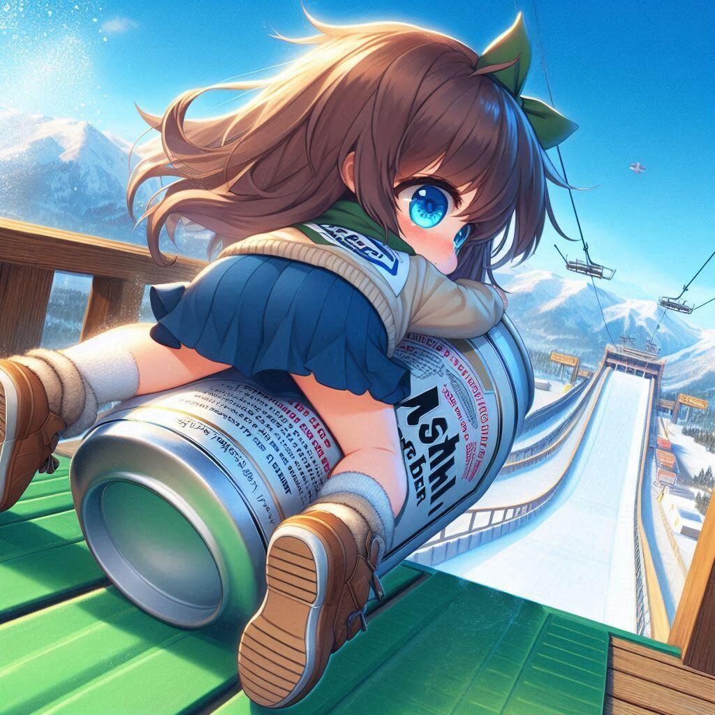 ビールスキージャンプをする小さな女の子