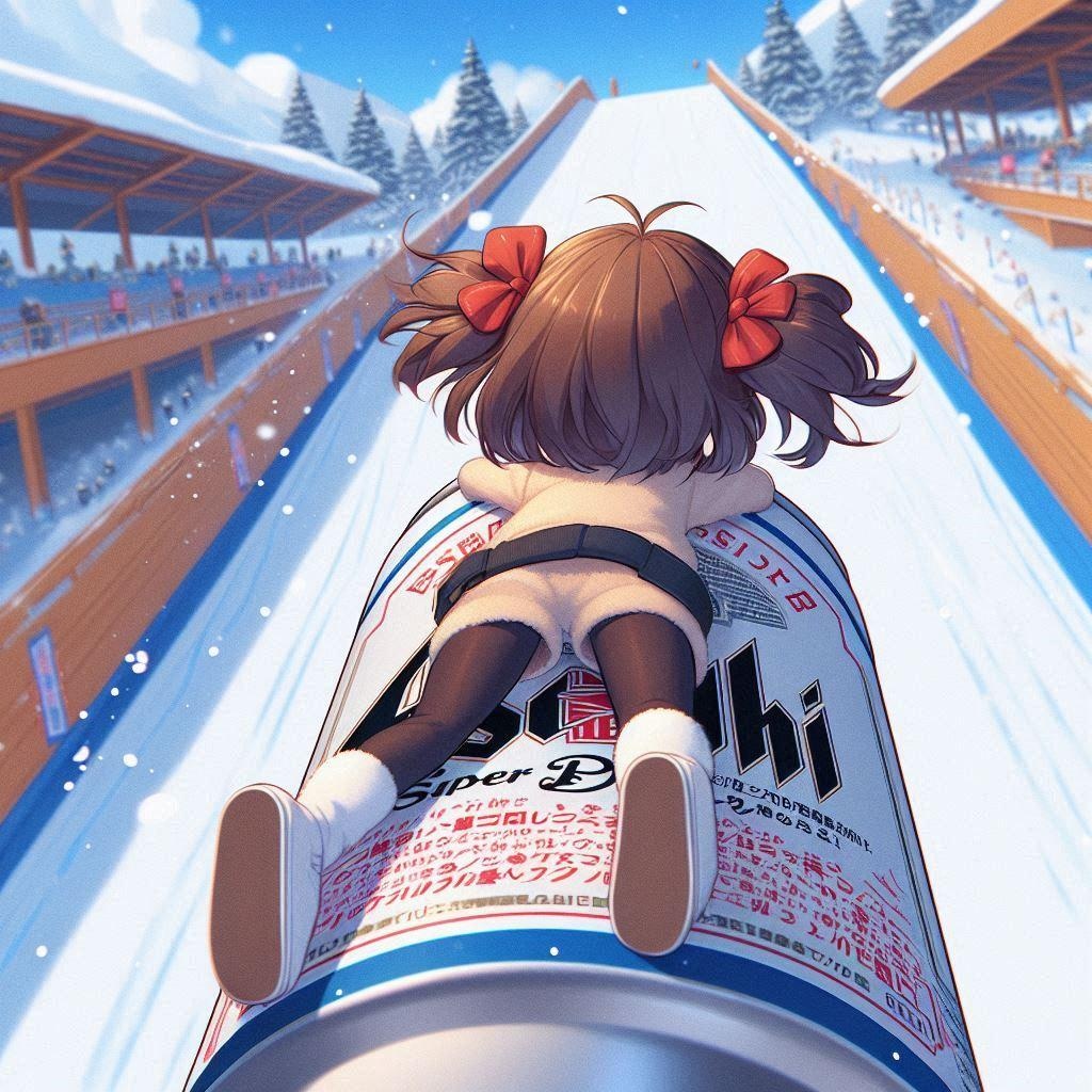 ビールスキージャンプをする小さな女の子