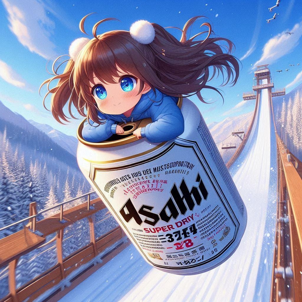 ビールスキージャンプをする小さな女の子