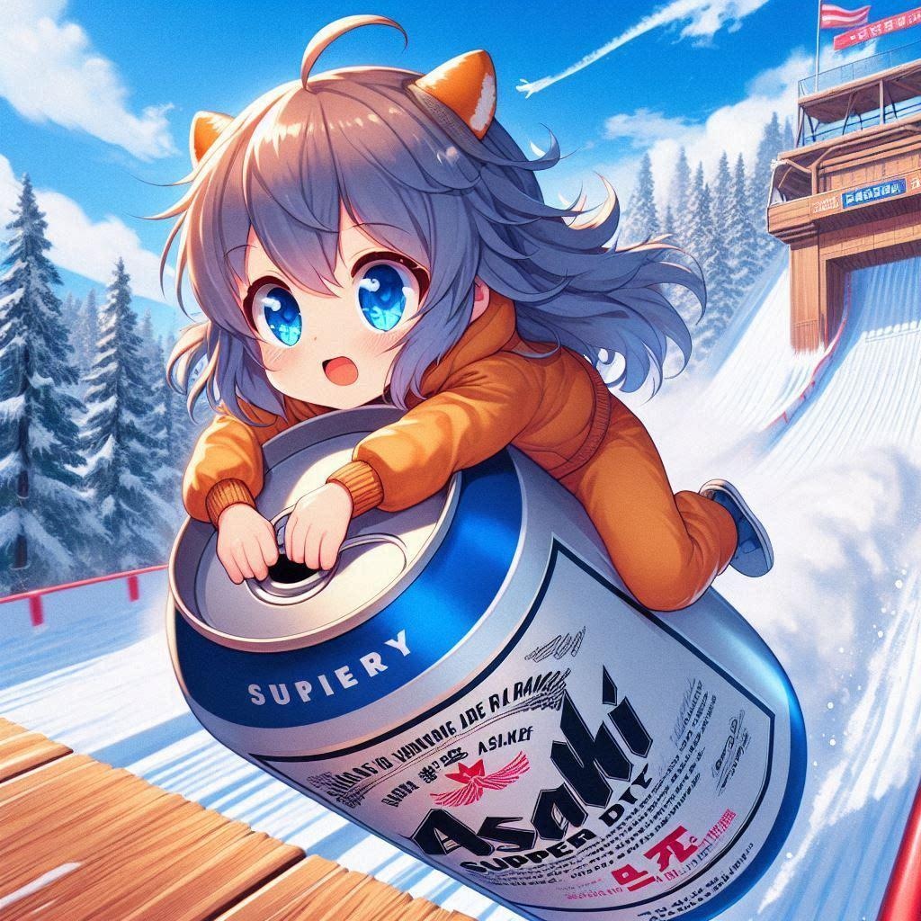 ビールスキージャンプをする小さな女の子