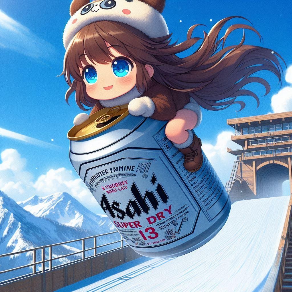 ビールスキージャンプをする小さな女の子