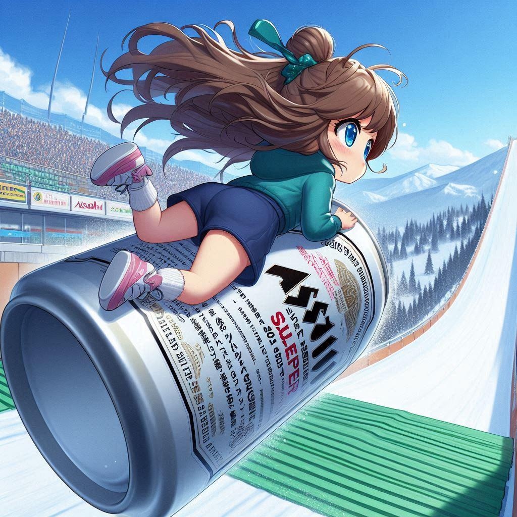 ビールスキージャンプをする小さな女の子