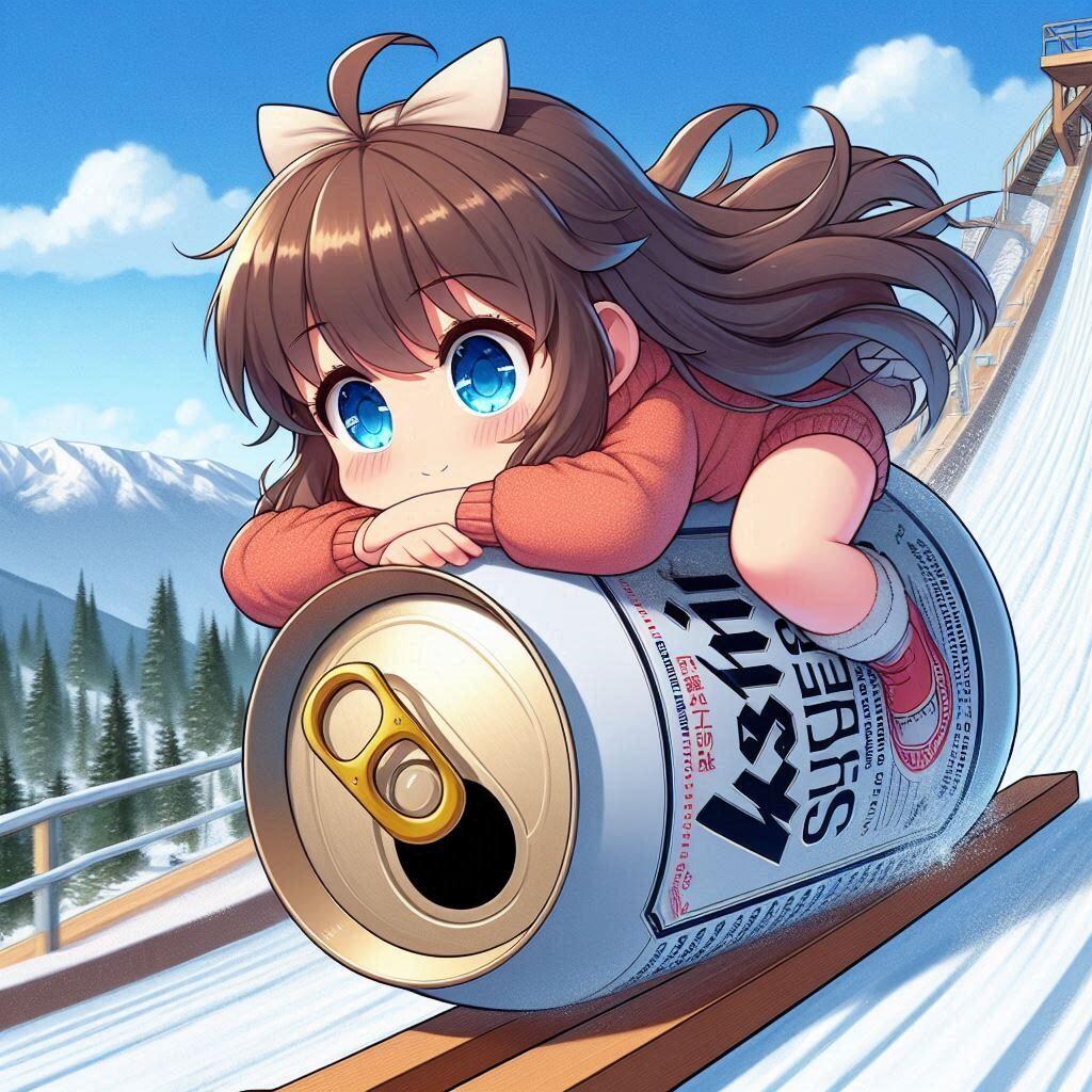 ビールスキージャンプをする小さな女の子