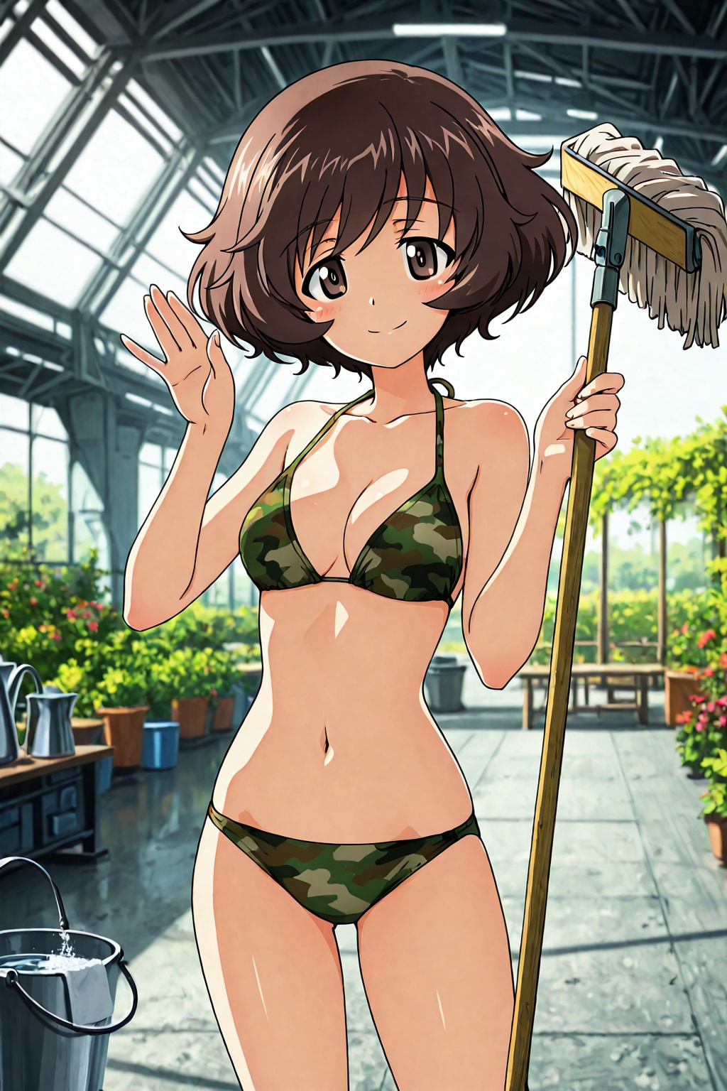 迷彩ビキニで植物園お掃除の秋山優花里👙🌿🧹❤️