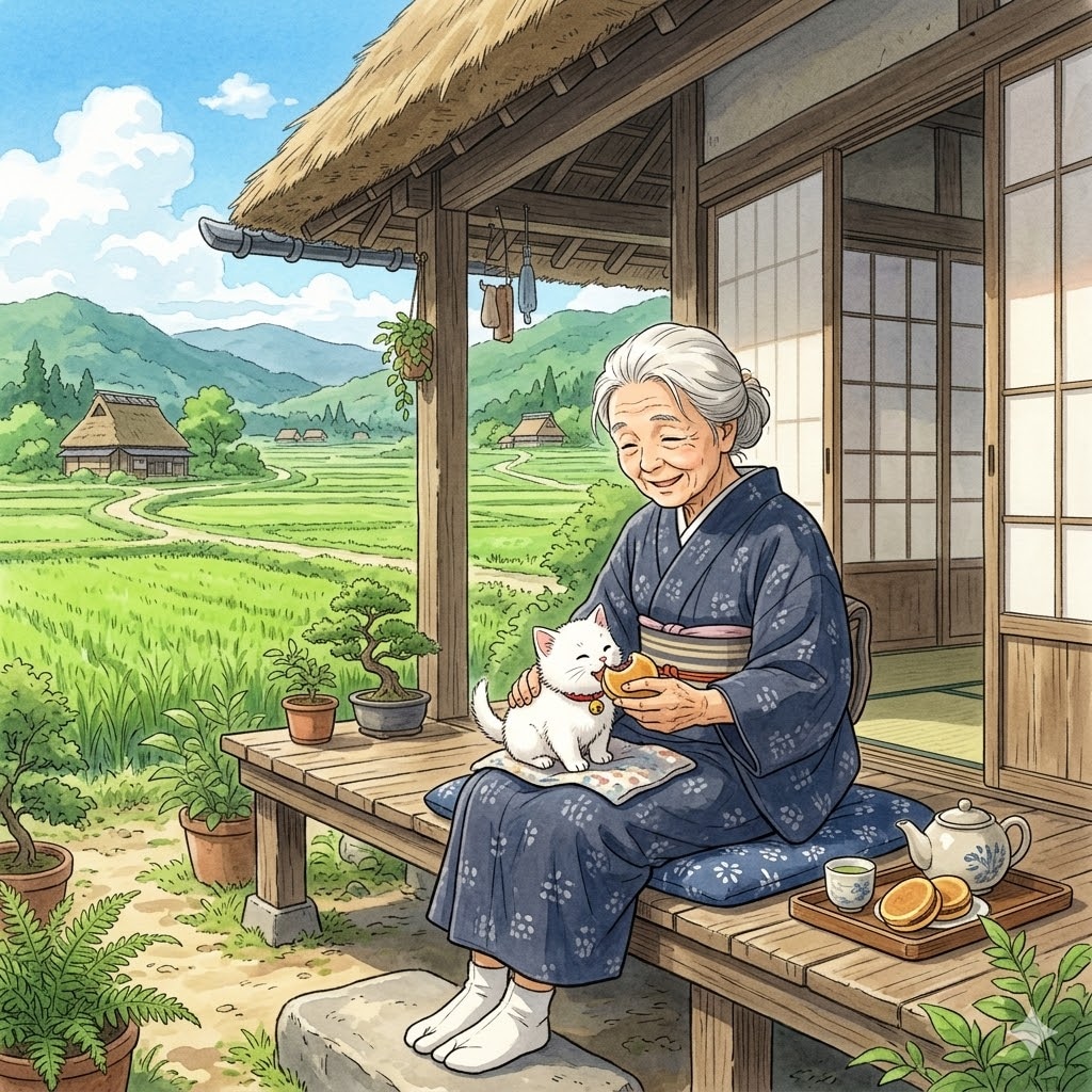 子猫に今川焼を食べさせている婆さん