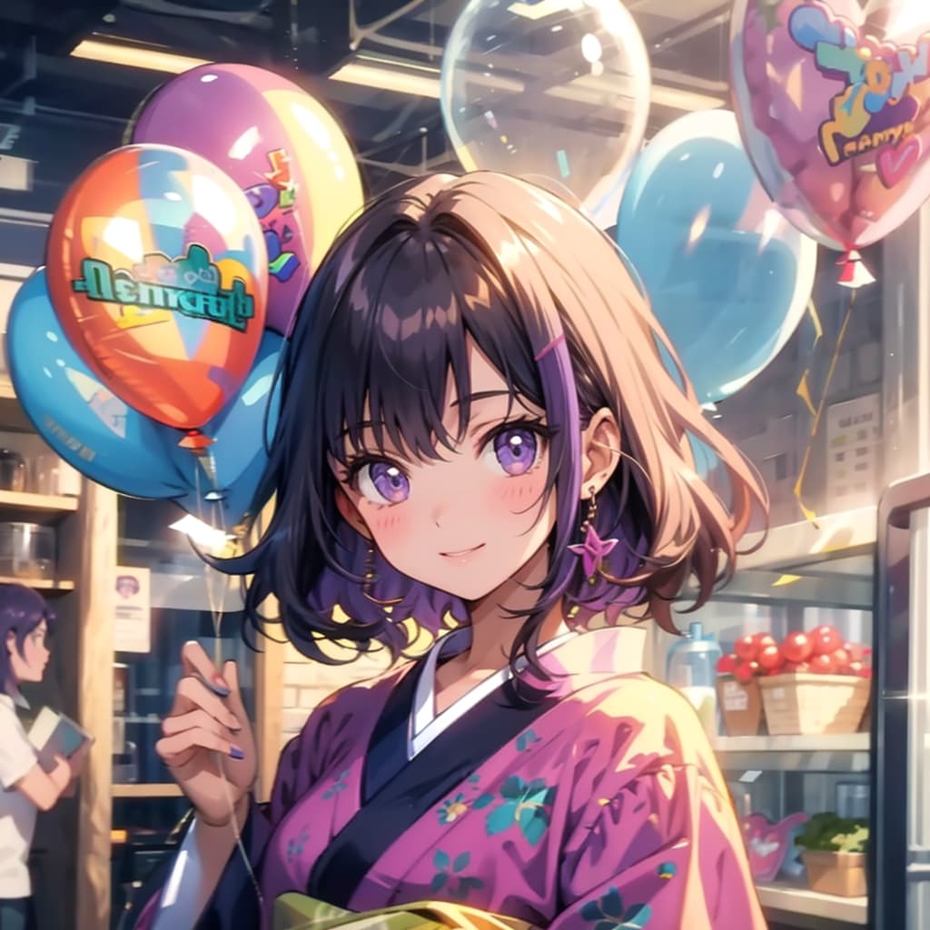 色とりどりの風船を持つ黒髪ショートカットの着物着た美少女 | の人気AIイラスト・グラビア