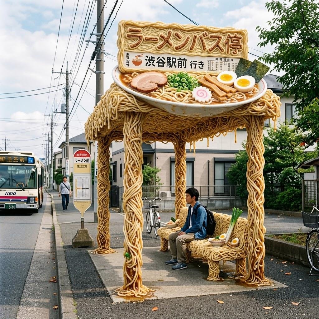 ラーメン風のバス停など