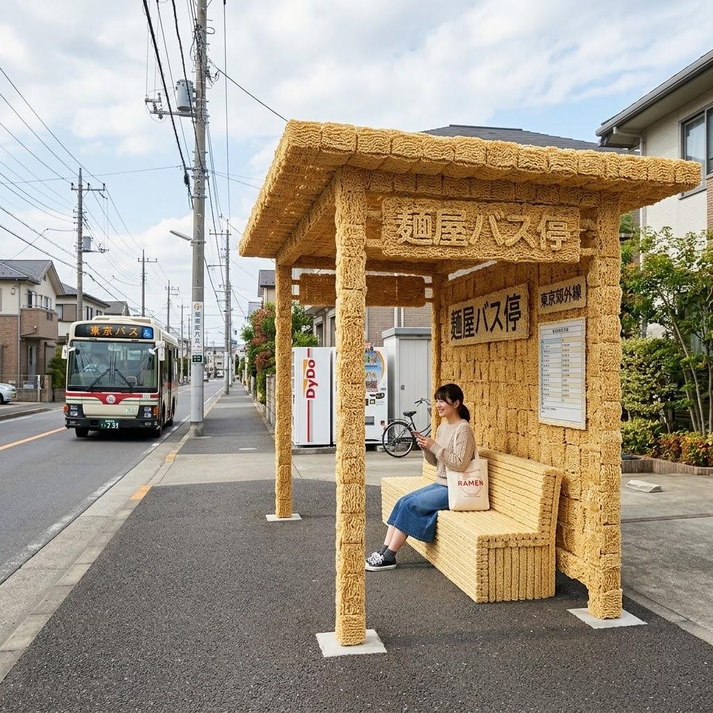 ラーメン風のバス停など