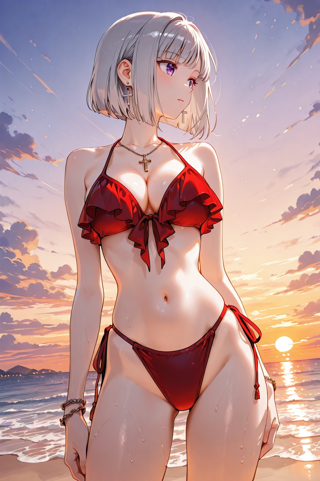 夕日が差し込む海辺のビキニ姿の少女