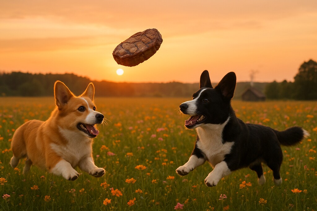 今日は昼に起きて空飛ぶステーキを発見してそれを追いかけてたら日が暮れたコーギーたち