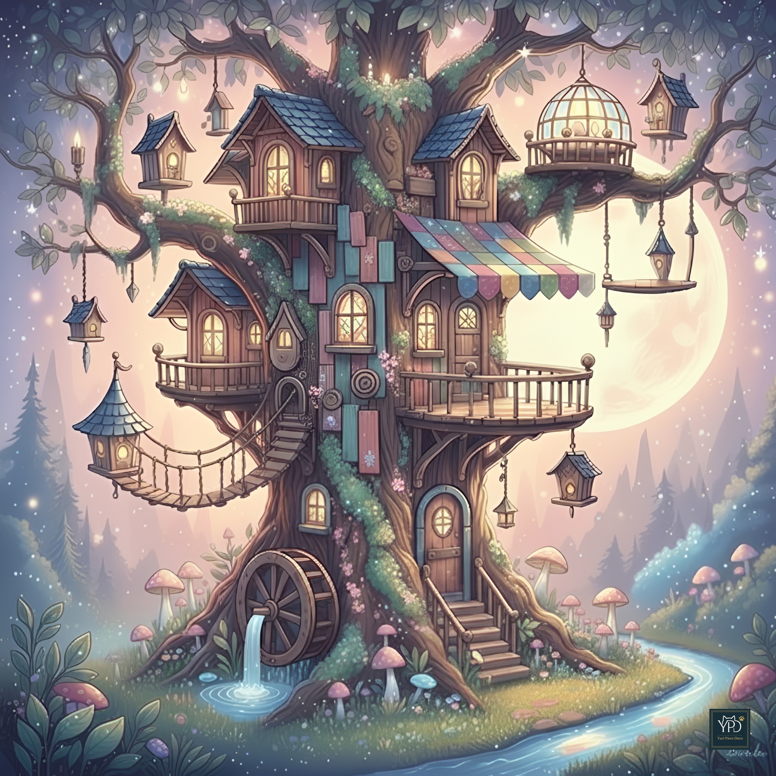 お月様だけが知っている、不思議な木の猫カフェ  (Only the Moon Knows: The Mysterious Tree Cat Cafe) | の人気AIイラスト・グラビア