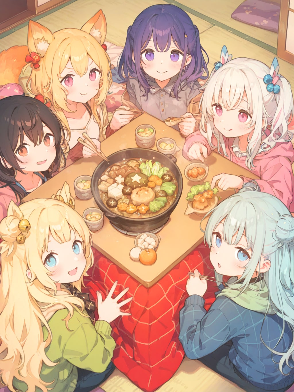 こたつを囲んで鍋パーティ