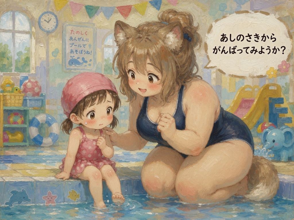 はじめてのプールとけものむちむちおねえさん