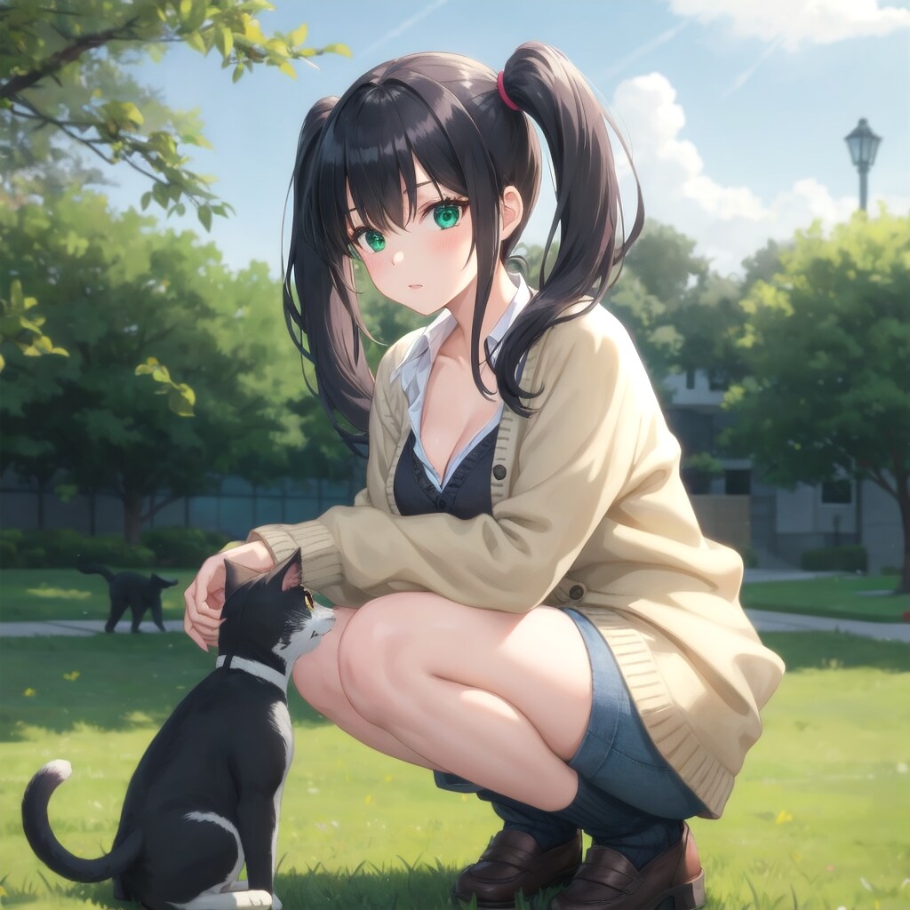 構内で猫と遊ぶ彼女