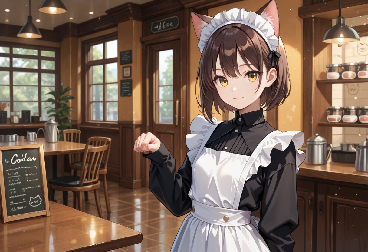 招き猫ポーズな喫茶店で働く猫娘さん | の人気AIイラスト・グラビア
