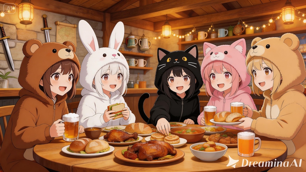 【All0406b】初めての冒険成功のお祝いを冒険者食堂で（モデル: Seedream 5.0Lite）