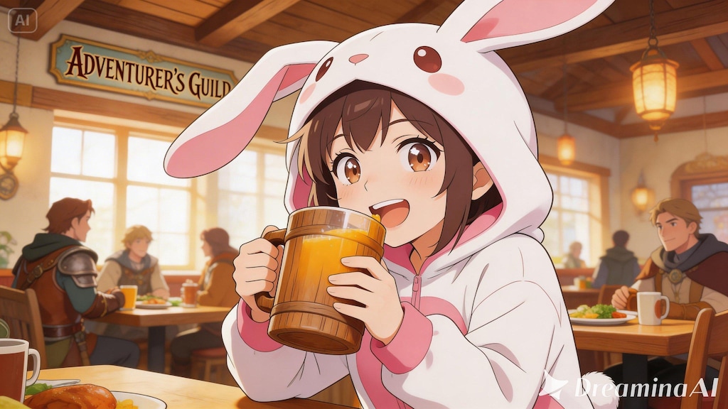 【All0406b】初めての冒険成功のお祝いを冒険者食堂で（モデル: Seedream 5.0Lite）