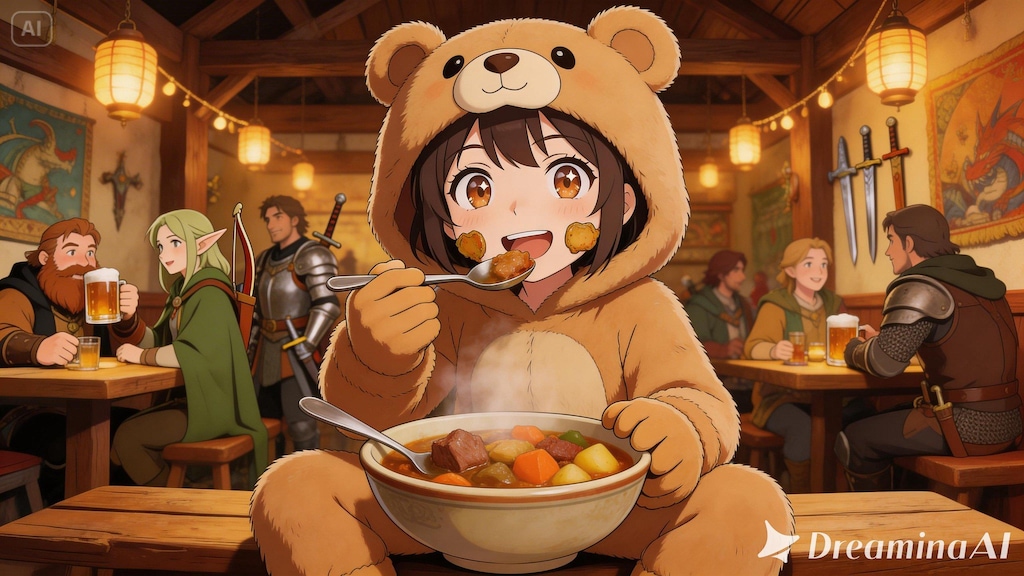 【All0406b】初めての冒険成功のお祝いを冒険者食堂で（モデル: Seedream 5.0Lite）