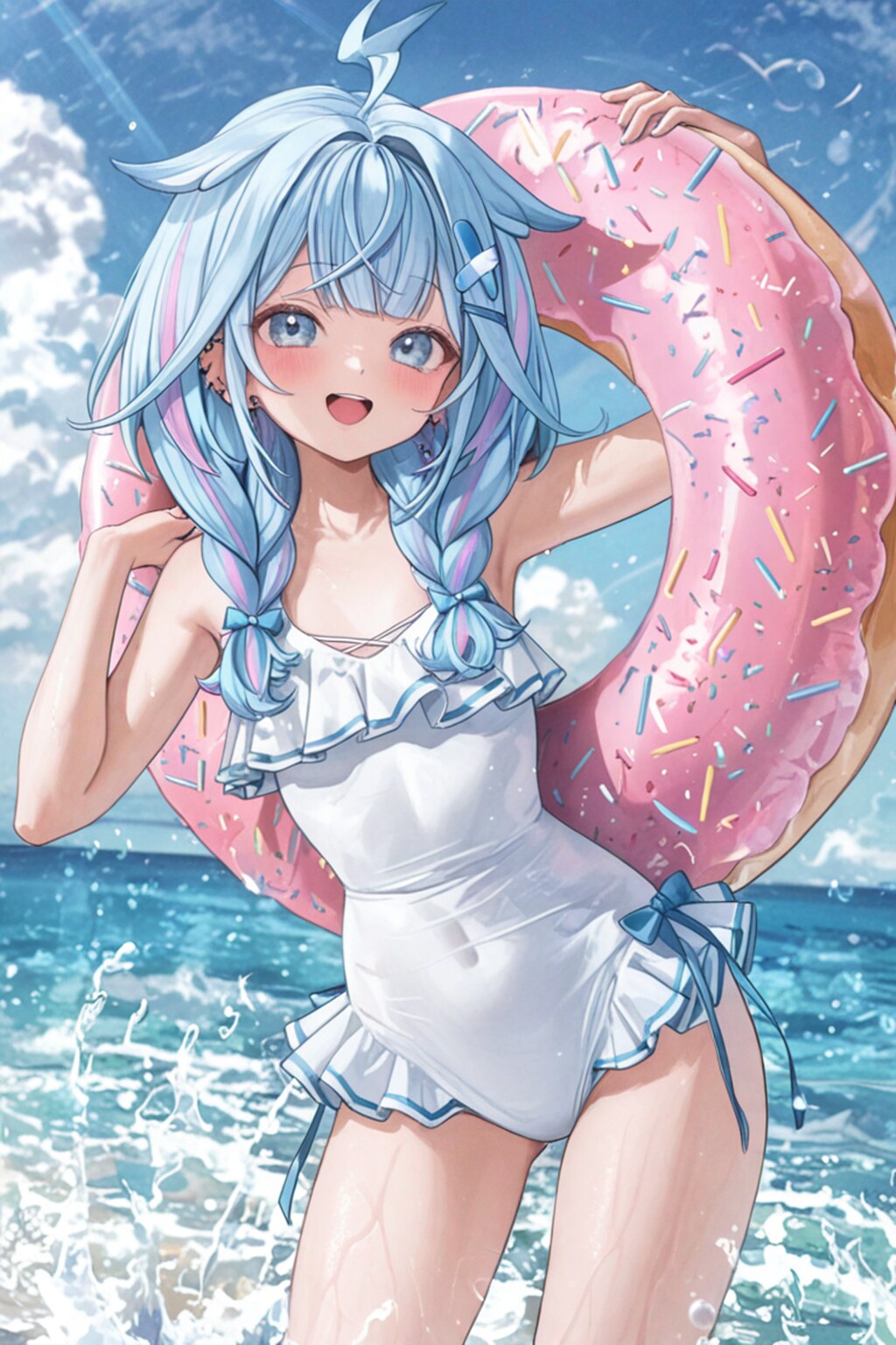 フリルの白ワンピに浮き輪