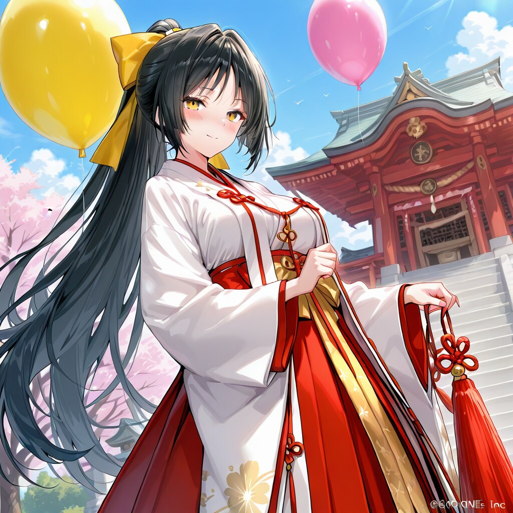 黄色の風船を持つ黒髪ロングの巫女服の美女。