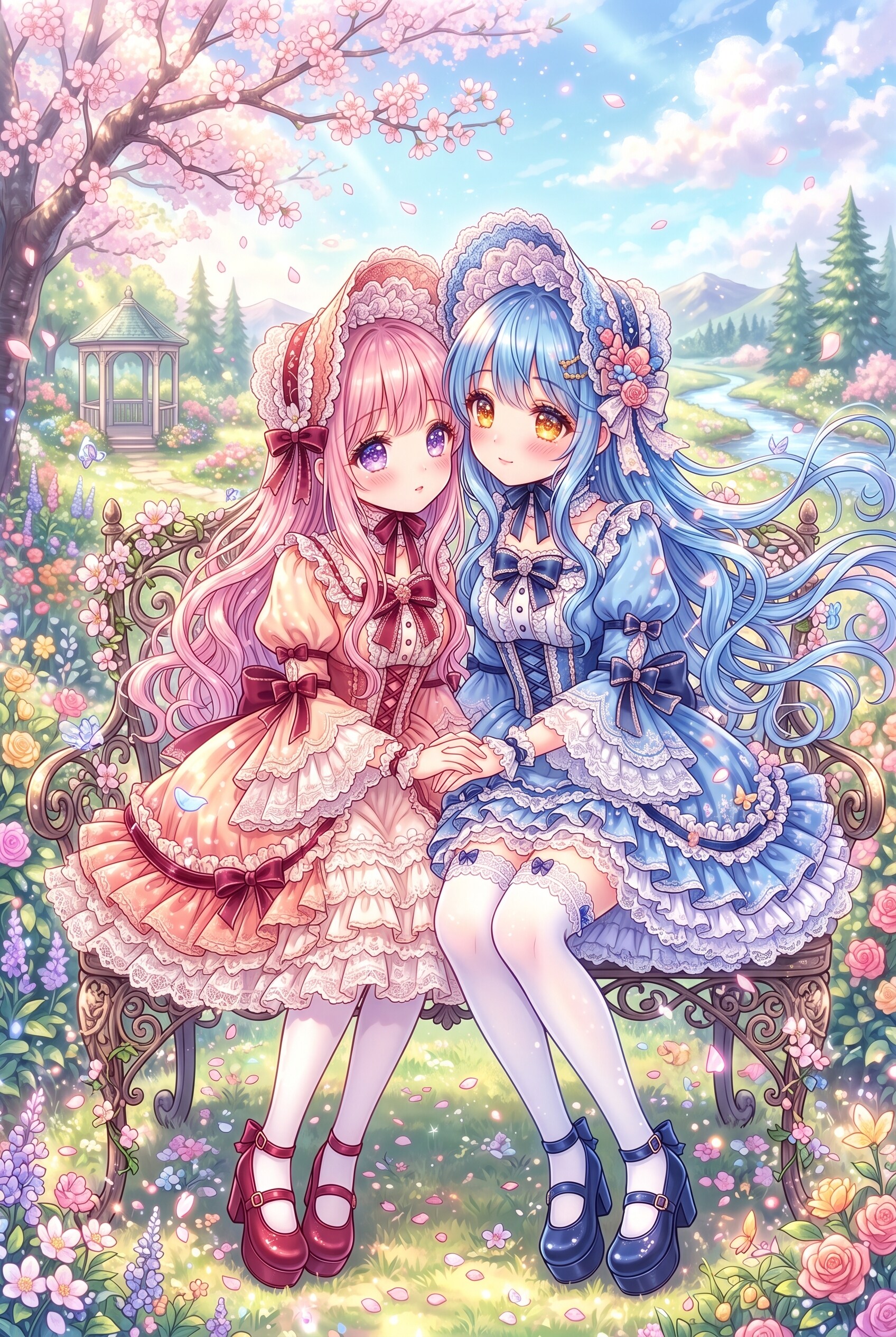 薔薇庭に響く蒼と桃の午後
