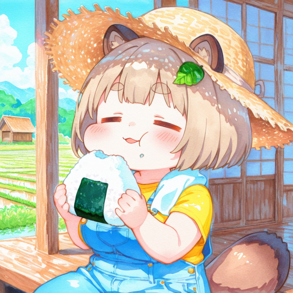 農作業の合間におにぎりを食べる珠樹ちゃん