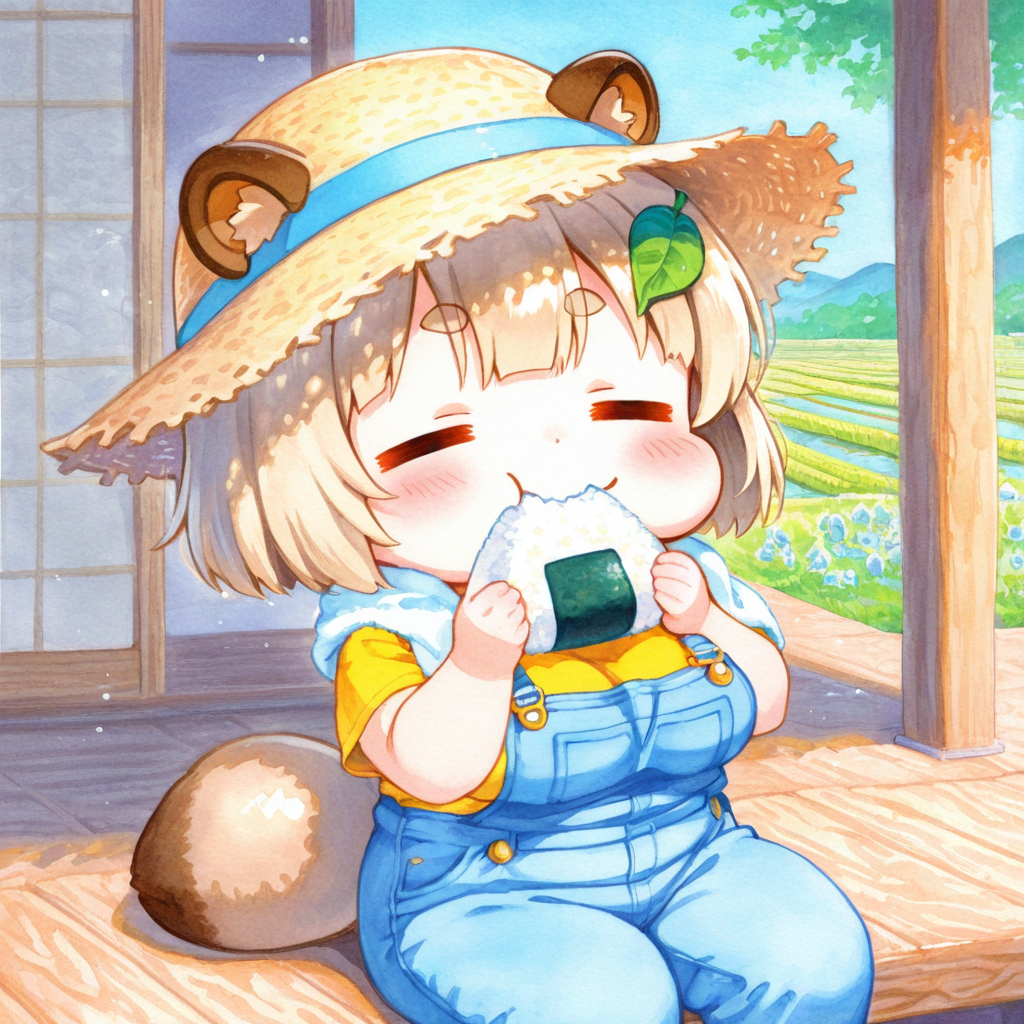 農作業の合間におにぎりを食べる珠樹ちゃん