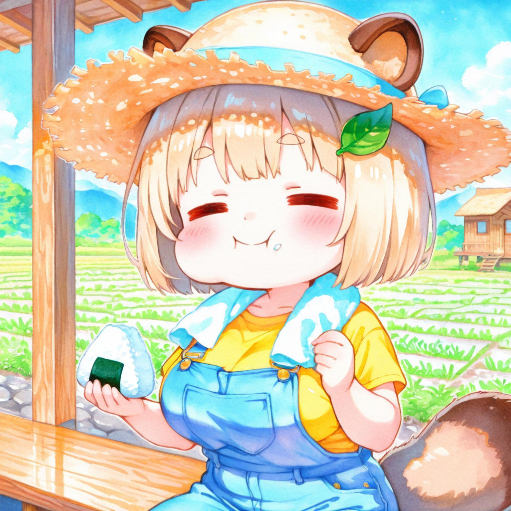 農作業の合間におにぎりを食べる珠樹ちゃん