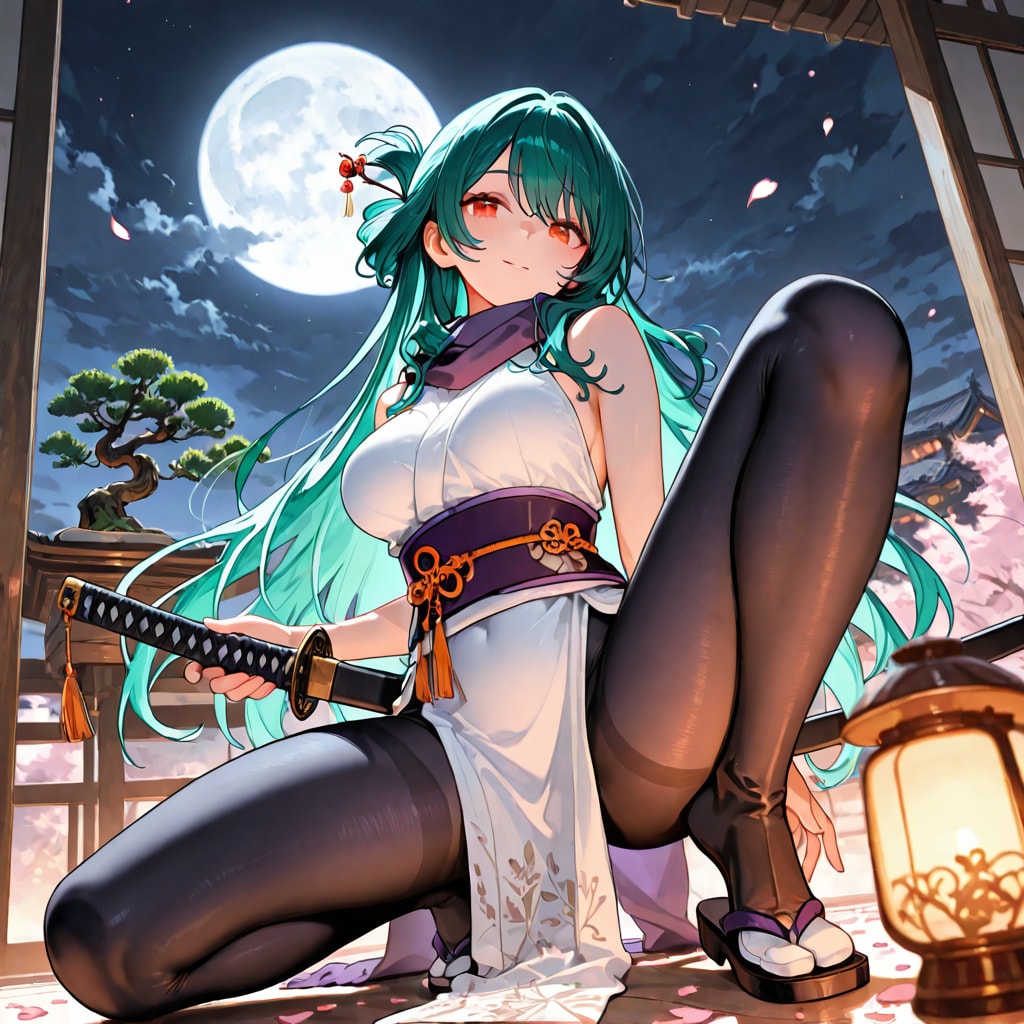 苔庭の忍、月夜に舞う