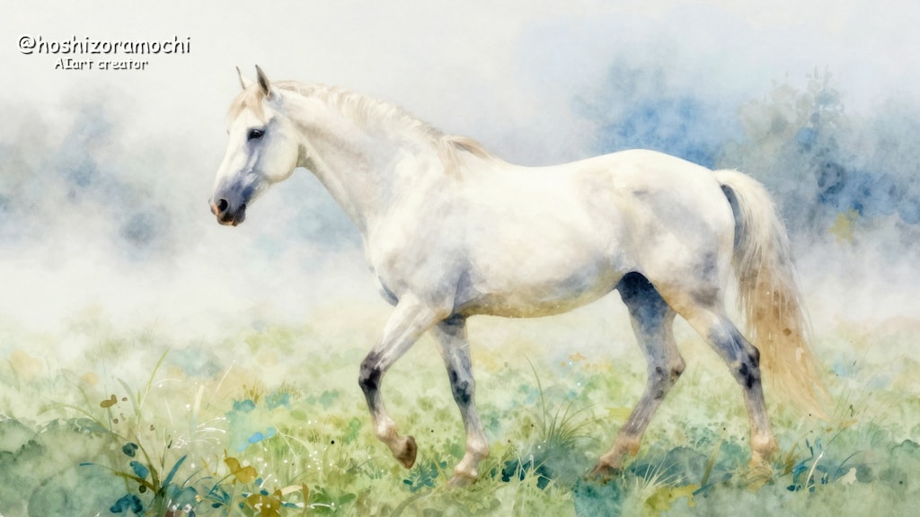 朝霧に溶け込む白馬の幻想