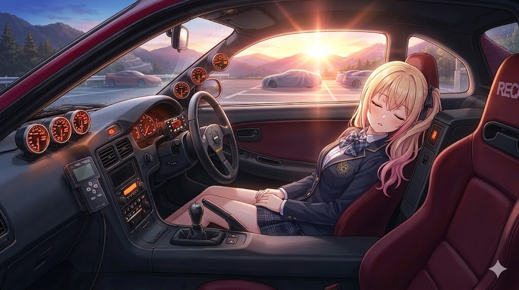 おはようございます♪MR2の車内で寝るサイドポニーテールちゃん😆