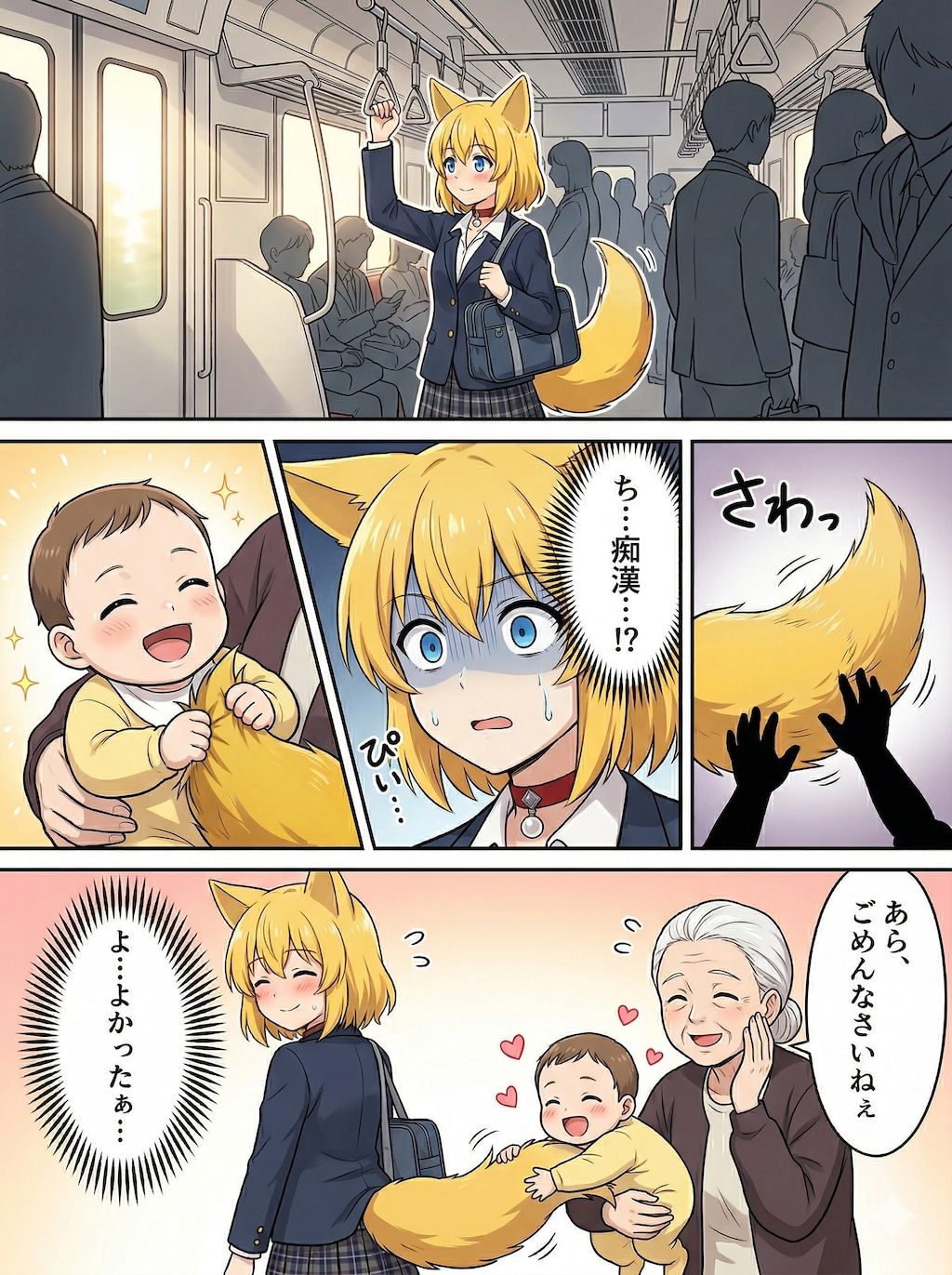 電車内でしっぽを大胆にさわさわされるキツネ