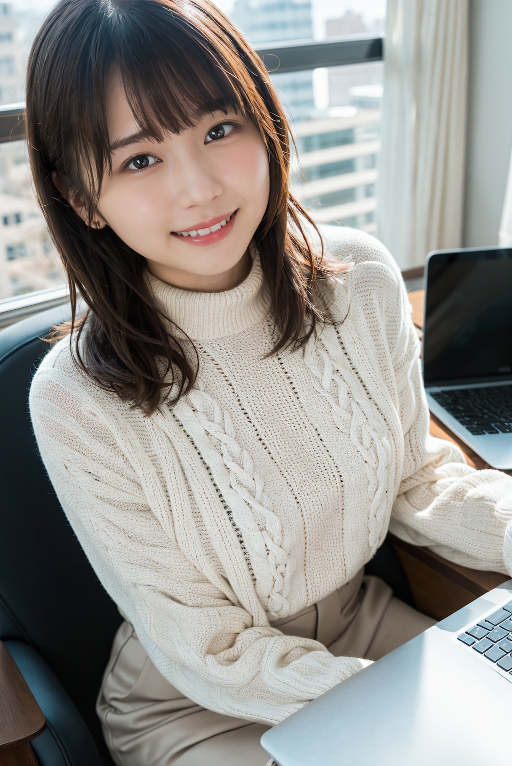 厚手のセーターを着ているOL