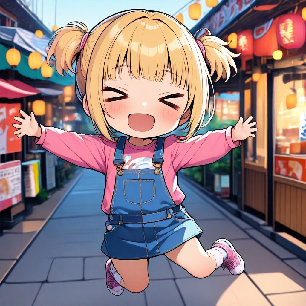 お祭りの屋台で元気いっぱいのみんと