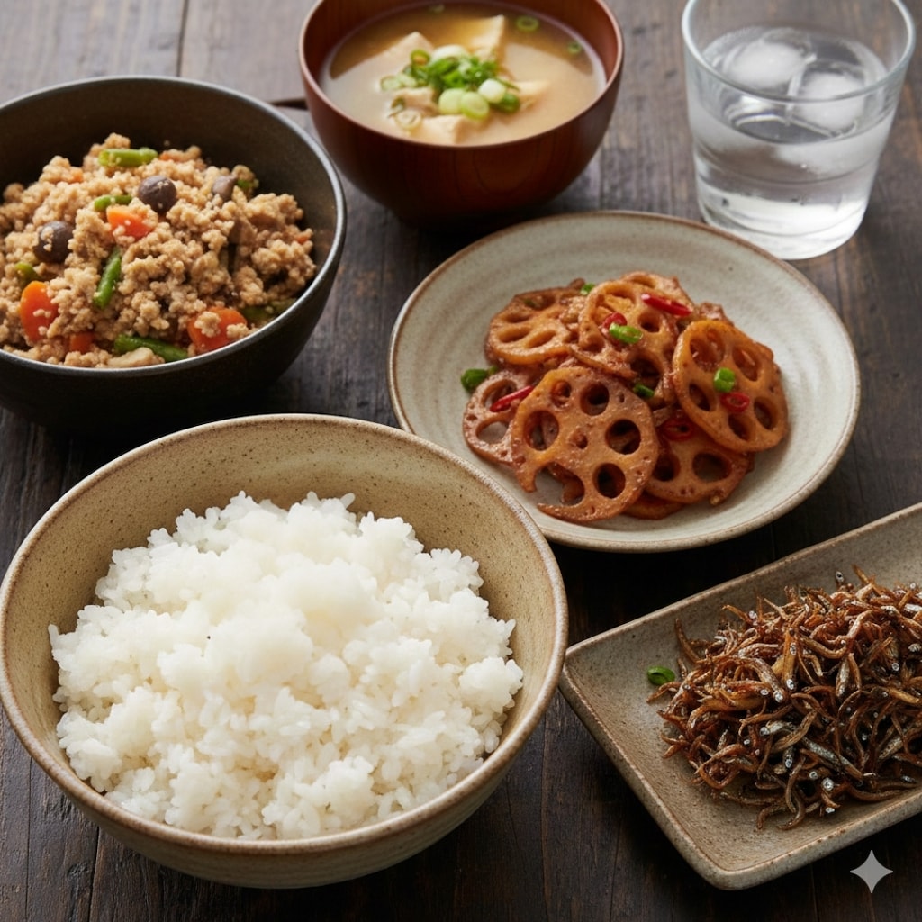 【朝食】白米、蓮根のきんぴら、卯の花、小魚の佃煮、水