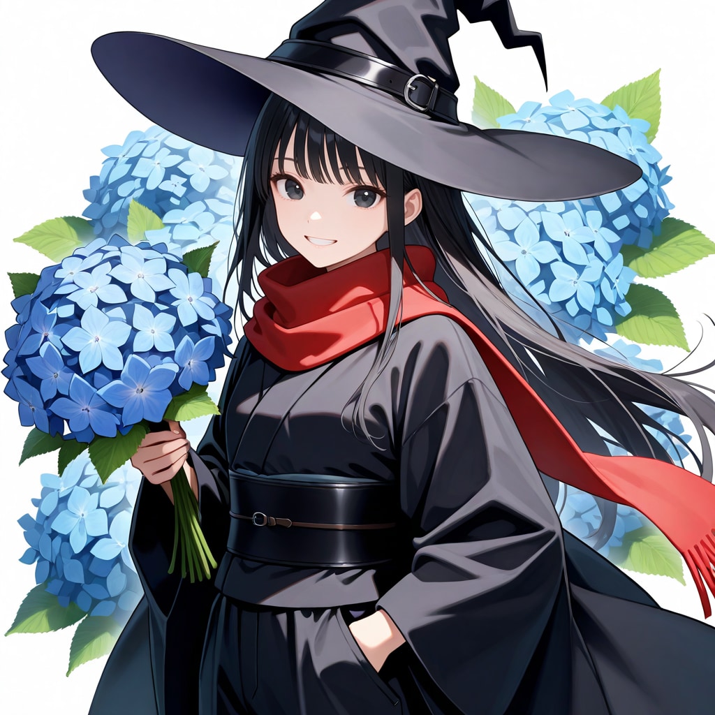 紫陽花の花束を持つ魔女
