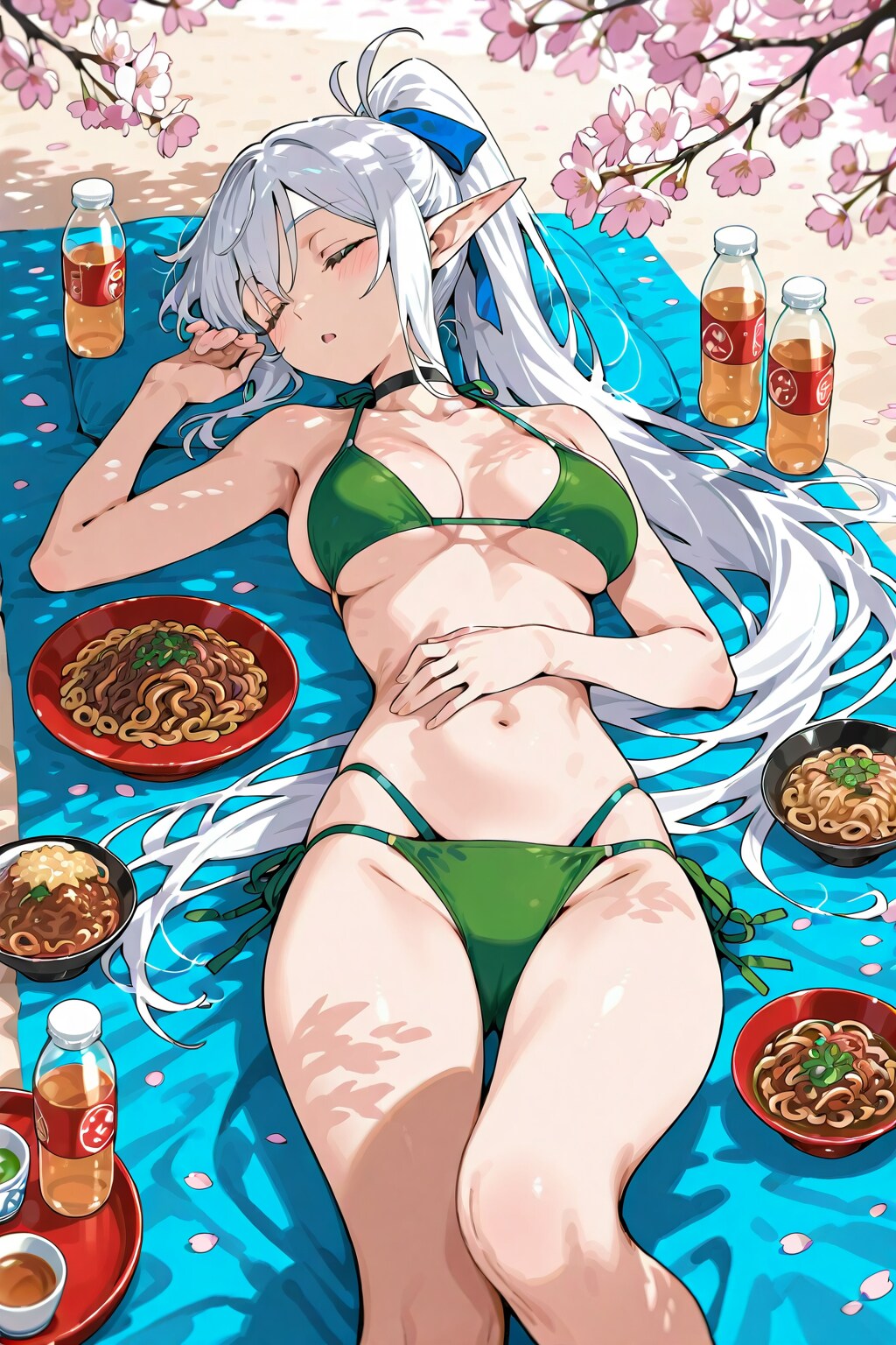 食後の陽気に寝てしまった銀髪エルフの女の子