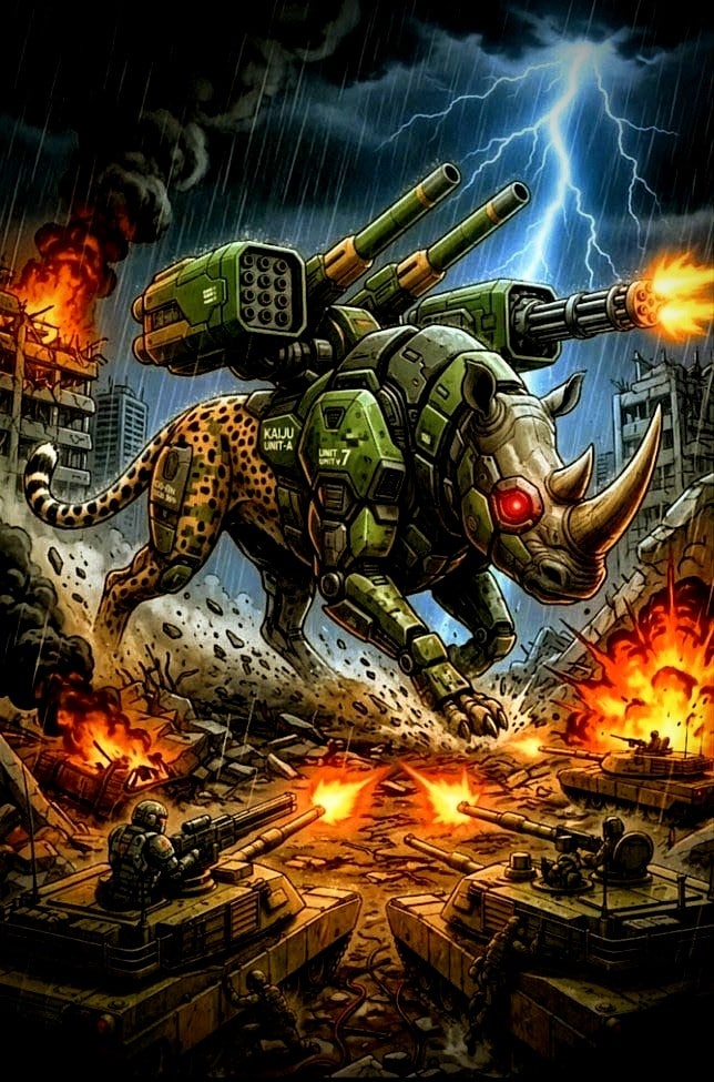 雷雨の戦場で､戦車隊を蹂躙する🦏緑色の再改造された､🔧🔧🔧🔧🔧🔧賞金首モンスター🦏