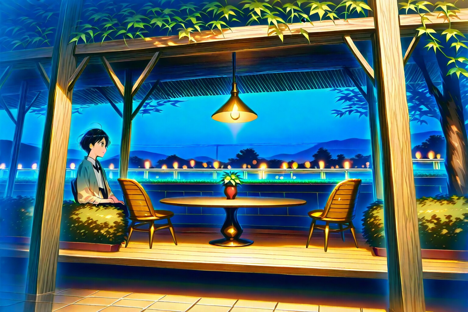 カフェ：02 夜のオープテラス | の人気AIイラスト・グラビア