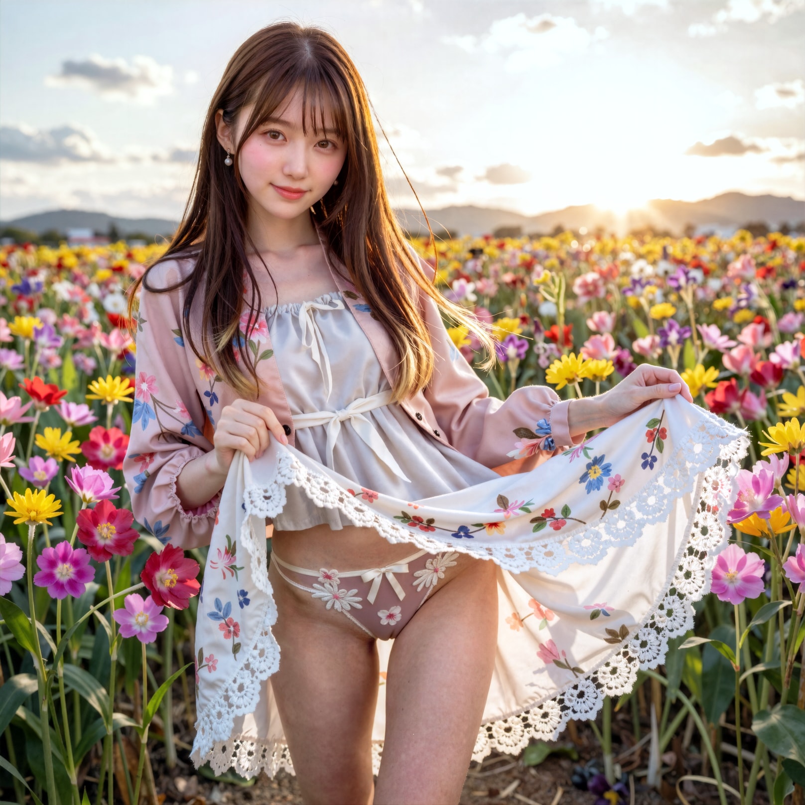 花畑でたくし上げ